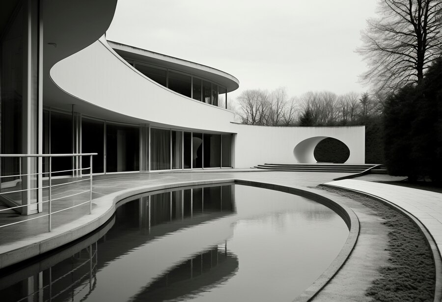 Modern white curved architectural building with pool